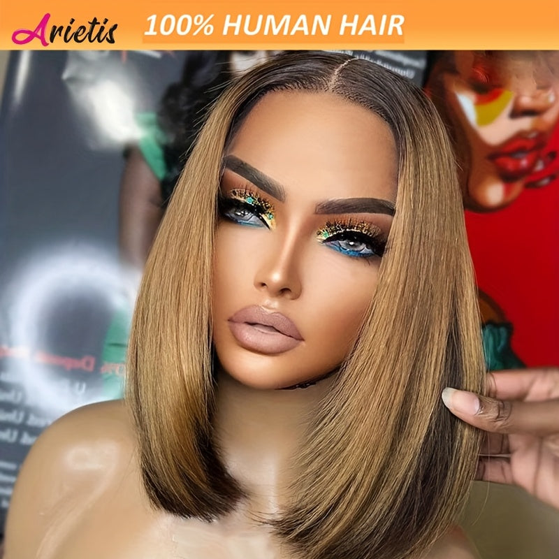 13x4 Transparent Lace Front Wig 10 Inch Straight Bob Human Hair Wig - Brown to Blonde Ombre with Black Highlights, 180% Density, Business Style for Women of All Ethnicities, Wig Accessories